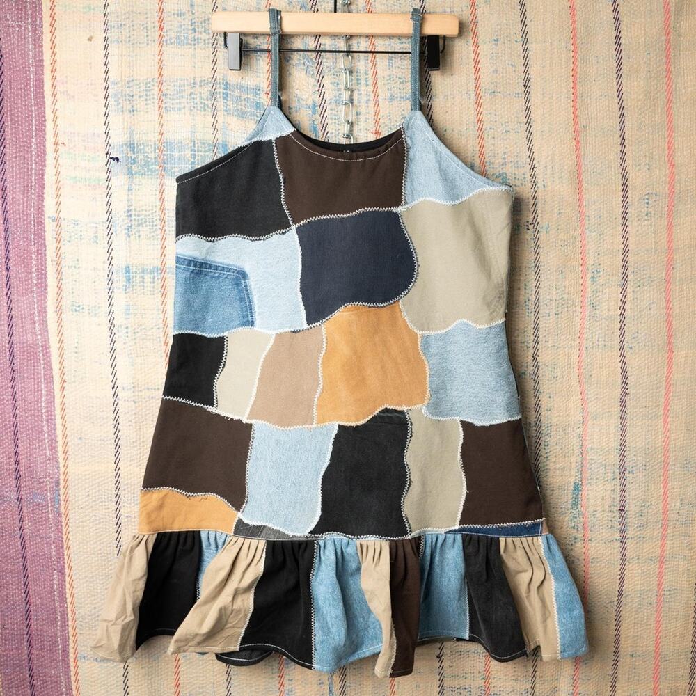 Custom patchwork mini dress with ruffle hem
